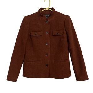 TALBOTS women’s wool band collar jacket in brown/dark Caramel lined size 8 EUC